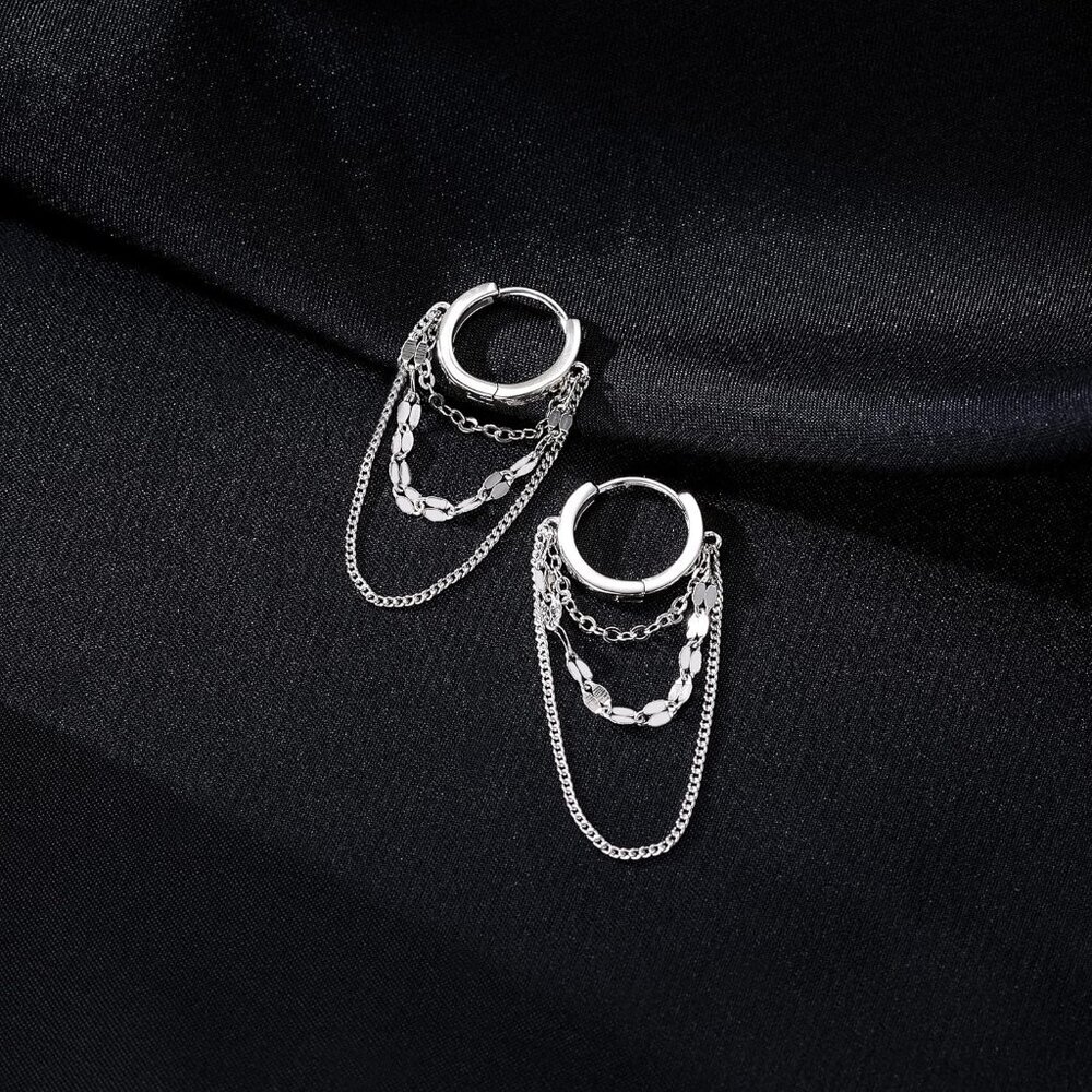 Solid 925 Sterling Silver Chain Drop Earrings Hoo… - image 5
